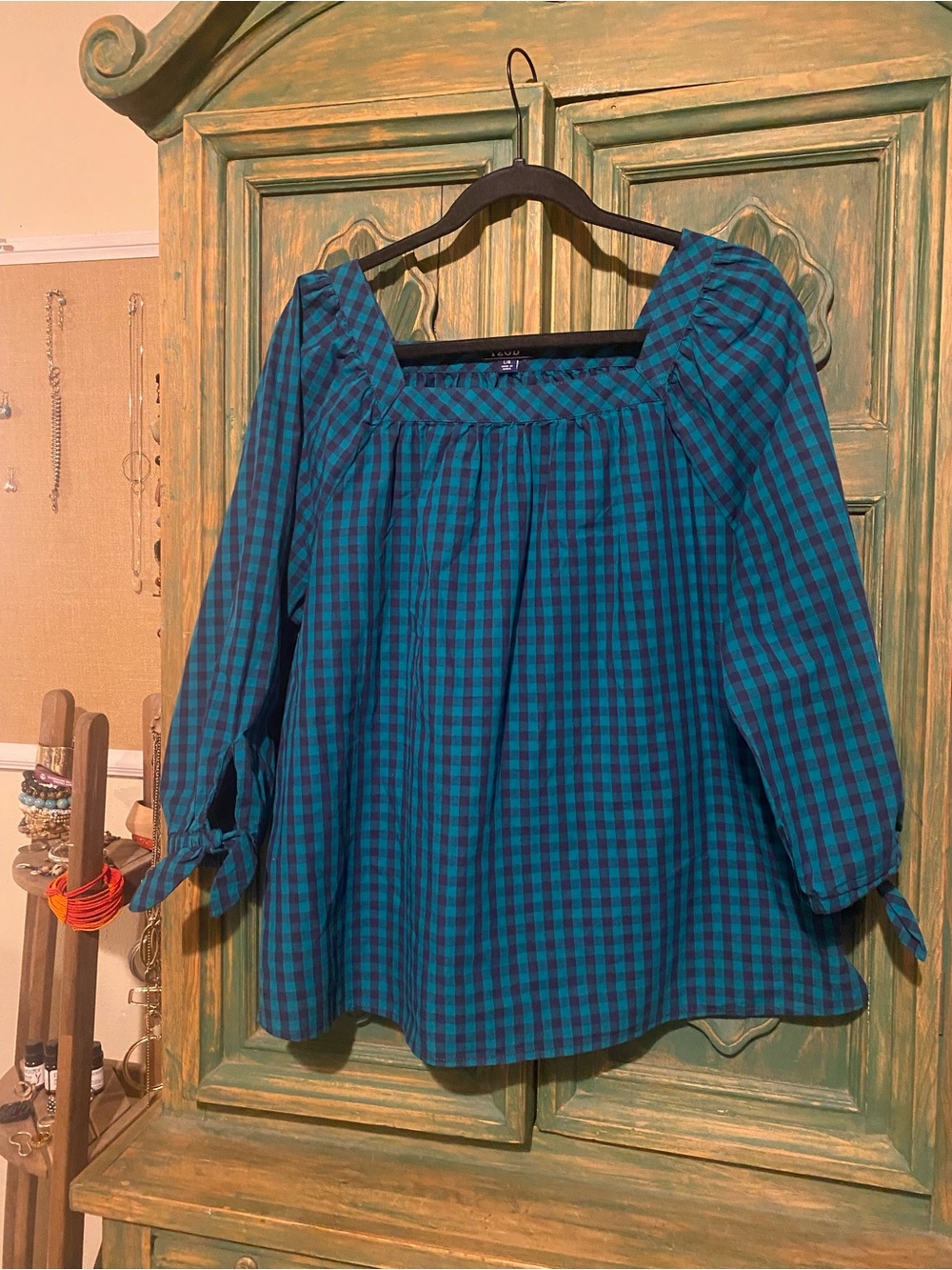 Teal & Black Gingham Square-Neck Peasant Top